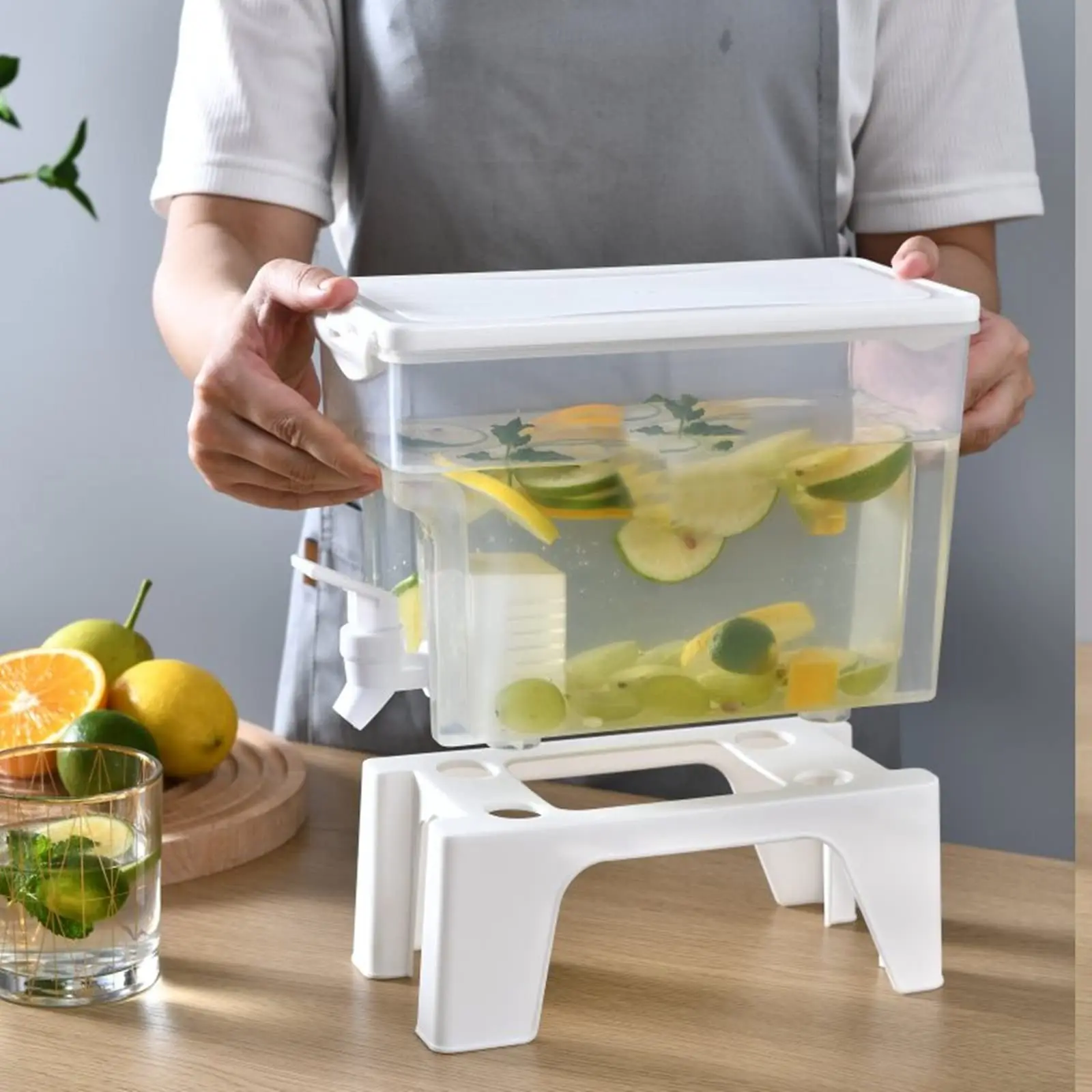 3.5L juice container with lid and faucet, adjustable height refrigerator plastic water dispenser, lemon water beverage dispenser, water tank party large water dispenser, party ice bucket party cold drink dispenser