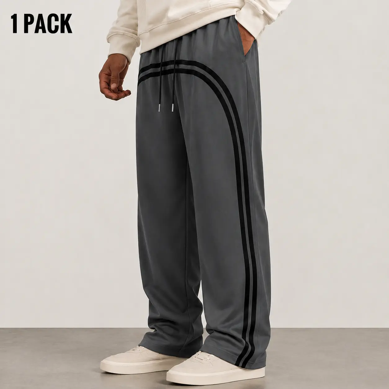 Men’s Baggy Wide Leg Track Pants, Gray Loose Fit Sweatpants with Black Curved Side Stripe, Drawstring Waist & Pockets, Open Hem Streetwear Lounge Pants for Daily Wear, Weekend Outfits, Casual Athleisure Style, 1 Pack