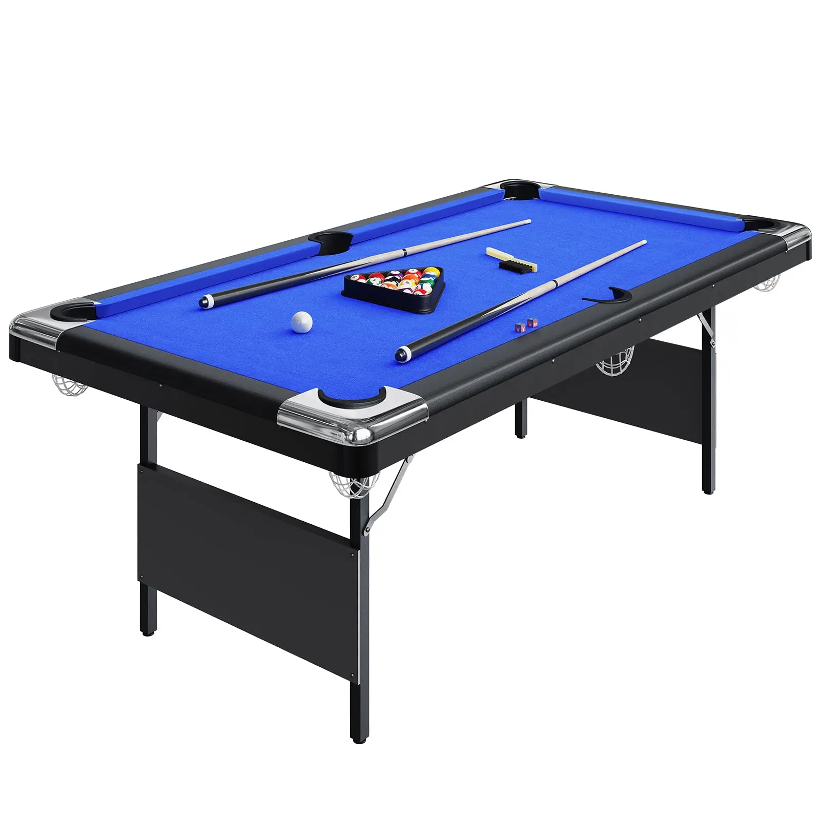 7FT Folding Portable Pool Table - Space-Saving Billiard Table for Game Room, Office, Home - Complete Set Included (Balls, Cues, Chalk, Brush) - Family Friendly Collapsible Design