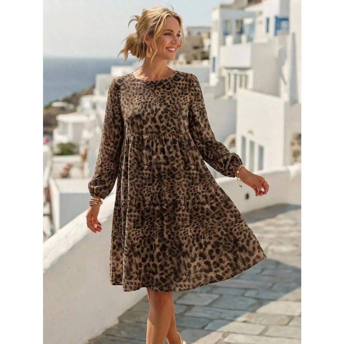 EMERY ROSE Women's Brown Autumn Boho Vacation Holiday Dress,Printed V-Neck Bell Sleeve Retro Casual Elegant Summer Resort Dress,Back-To-School Teacher Dress