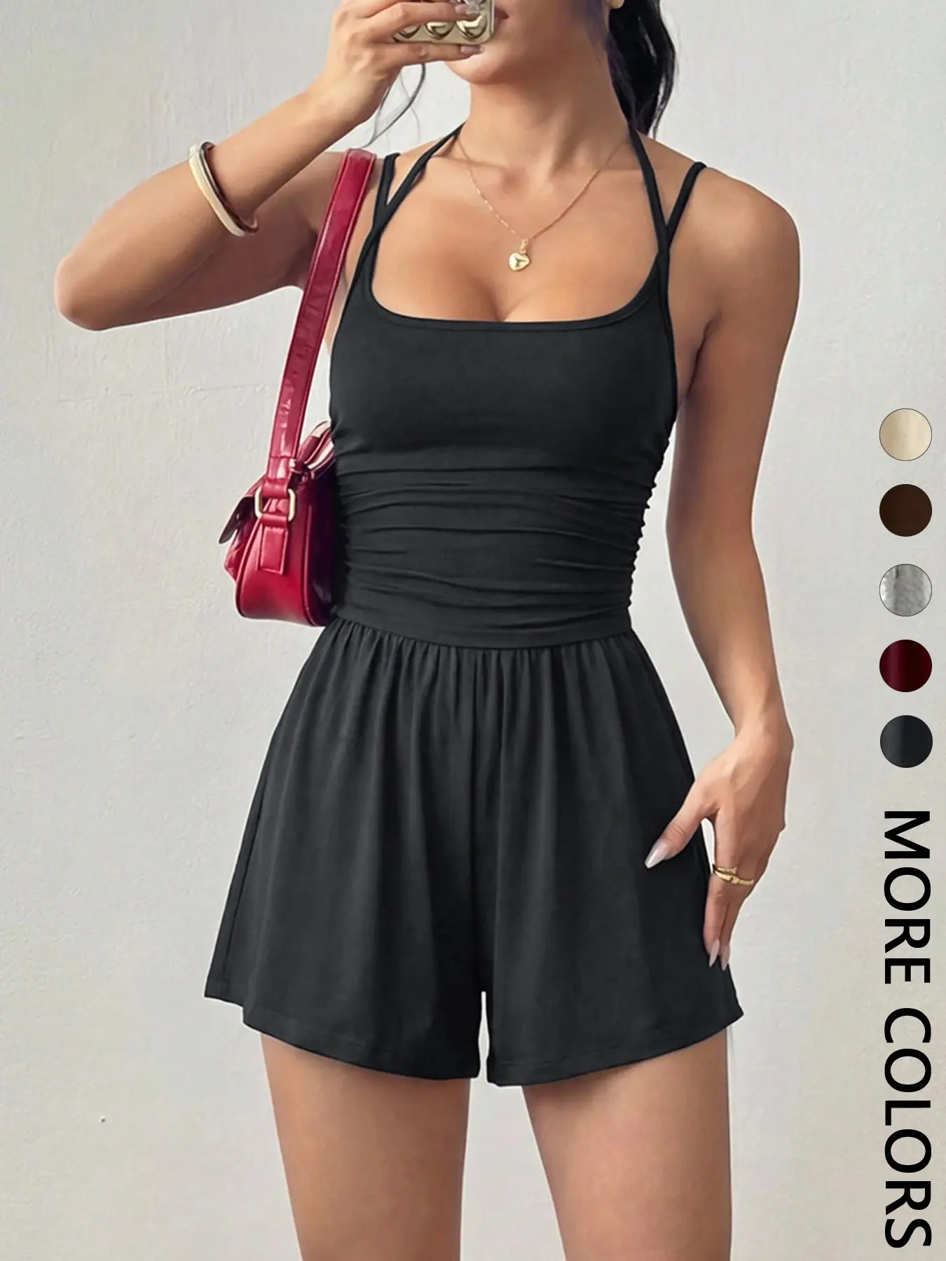 Women's Summer Casual Ruched Strappy Jumpsuit, Loose-Fit Straight-Leg Romper with Two-Piece Look, Plain Color, Comfortable and Stylish, Fashionable Jumpsuit