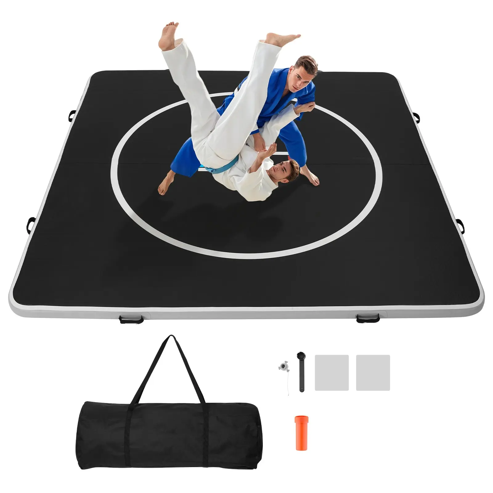 【Summerfinds】VEVOR 10x10 ft Wrestling Mat Inflatable, Martial Arts Thick Mat for Home Gym Exercise, PVC Foldable Training Mats with Circles and 600W Air Pump, for Gymnastics, Tatami, Jiu Jitsu BJJ MMA Judo, Black
