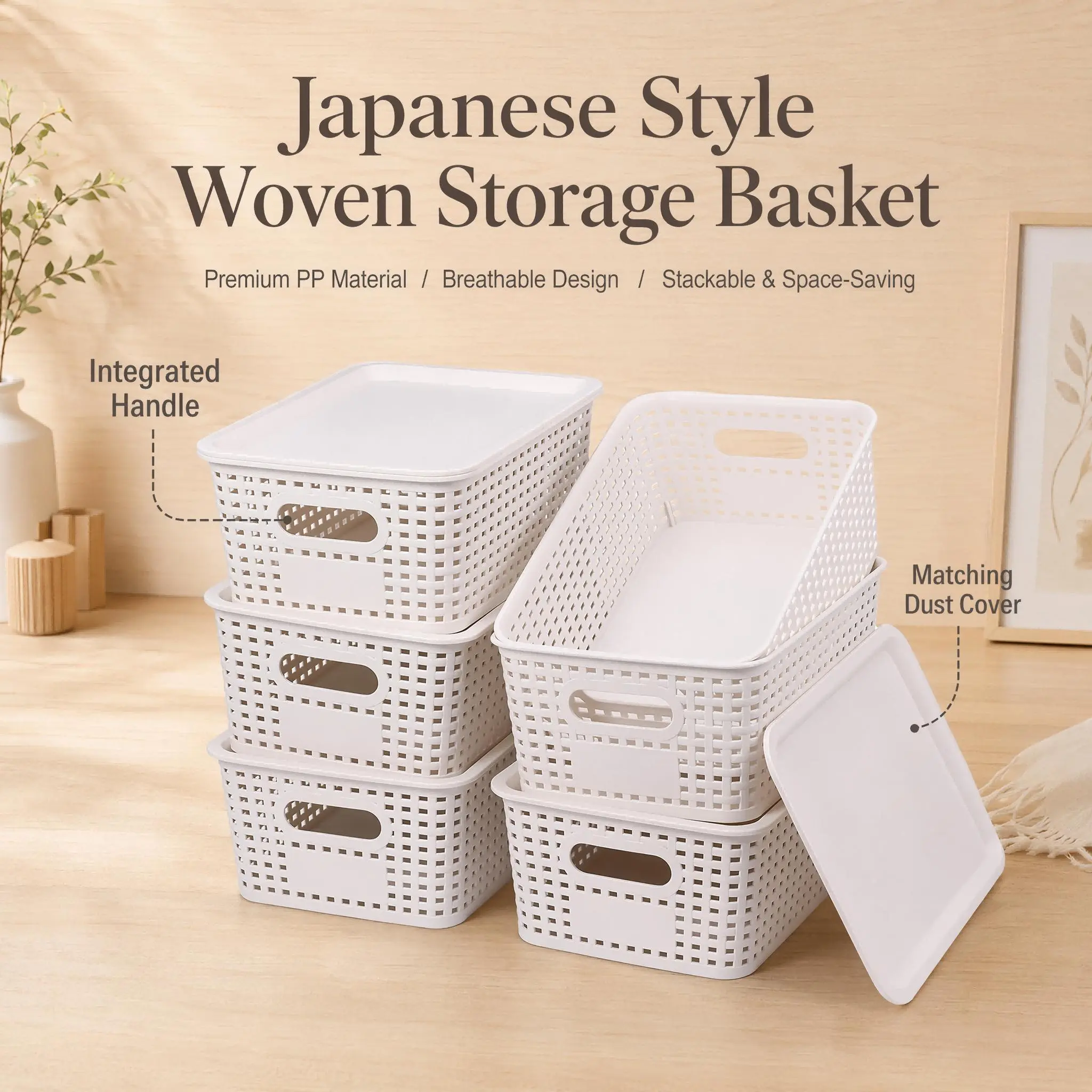 6pcs Misty Stream Rattan Organiser Boxes with Lids - Lightweight, Hollow, Cutout Design - Slide-Friendly Plastic Household Storage Baskets for Bathrooms, Kitchen Cupboards, Shelves, Bathroom/Kitchen