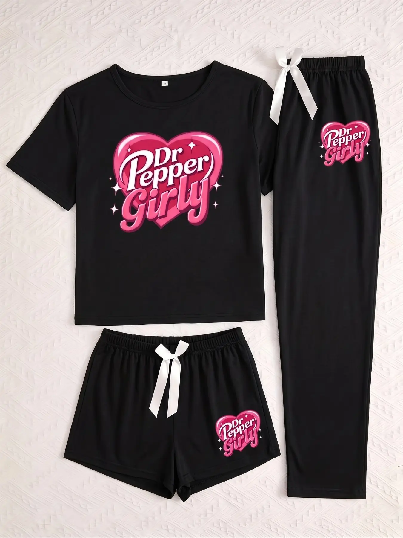 Three-Piece Pajama Set for Women, Heart and Dr Pepper Print, Casual Fitted Sleepwear & Loungewear, All-Season Comfortable Wear