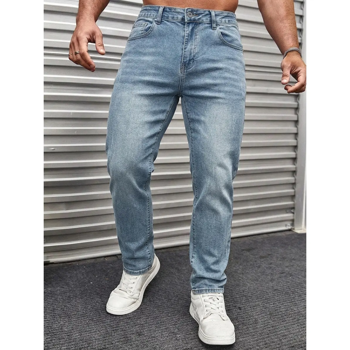 Men's Light Blue Jeans Casual Slim Fit Denim Pants, Washed Solid Color Trousers with Classic Five Pocket Design, Fashion Streetwear Style Long Pants for Men, Comfortable Lightweight Clothing for Daily Wear Spring Summer Autumn Outfit