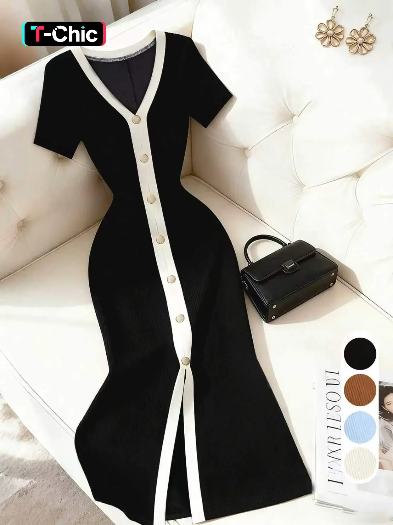 Elegant Knit Dress, Chic, Knitted, Short Sleeve Long Dress, Solid Color, Slim Fit, High Waist, French Style, Casual Wear, Office Wear, Date Night, Tea Time, Pear Shape