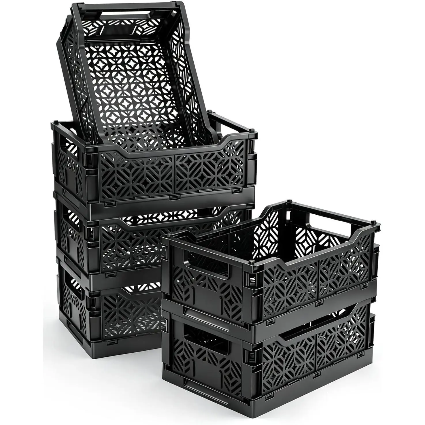 6-Pack Collapsible Plastic Storage Baskets, Stackable Bins with Label Slots | Plastic crates(12.2"x8.3"x4.7"). Fold flat to save space. Ideal for pantry, toys, office shelf organization & declutteringGift.