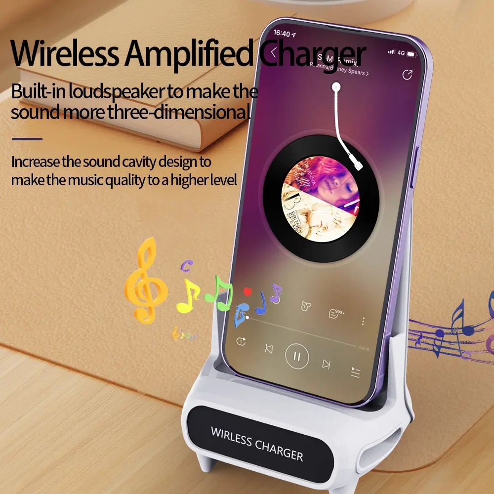 Desktop Wireless Charger with Speaker and Phone Stand, Compatible with iPhone 17/16 Pro Max, Samsung S25/S24, Xiaomi, Multi-Functional Smart Charging Base for Cell Phones