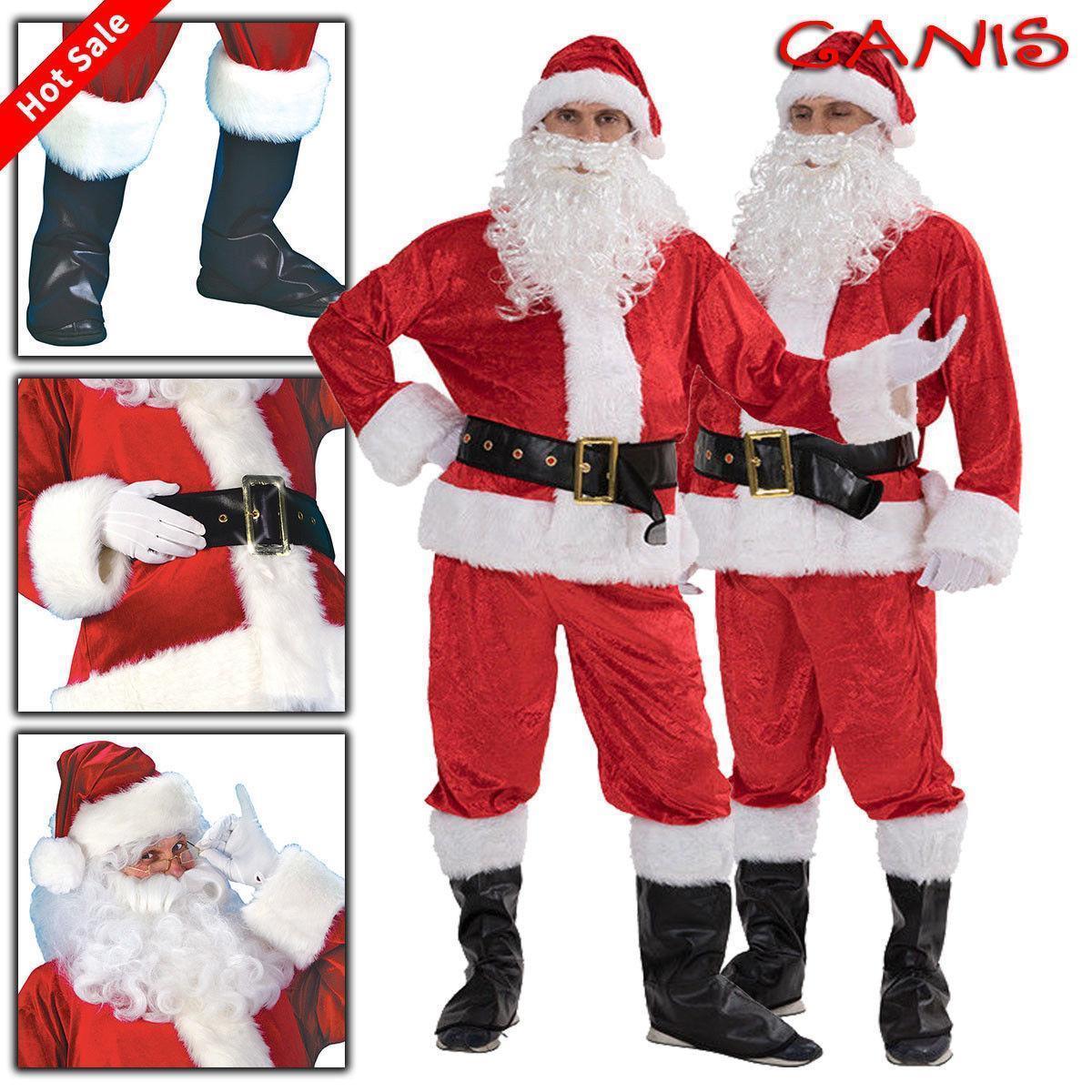 5Pcs S-3XL Adult Christmas Santa Claus Costume For Men&Women Santa Claus Role Cosplay Fancy Dress Suit With Wig Beard Outfit New