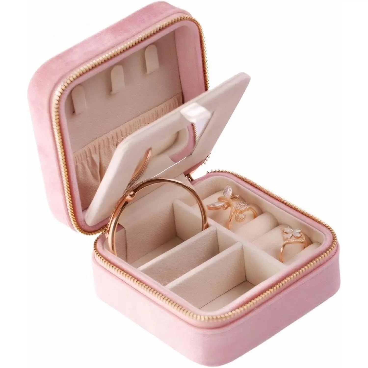 Box, Small Travel  Organizer, Portable  Case for Women with Mirror,  Mini Plush Travel Box