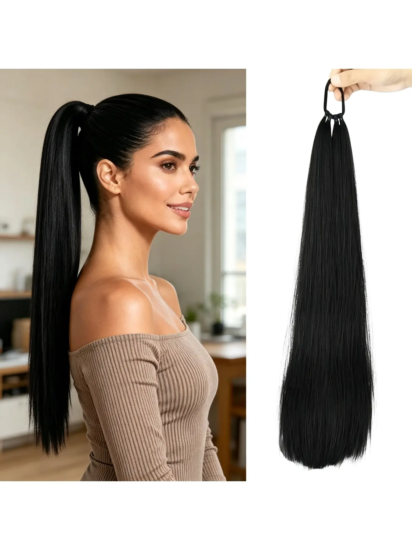 24-inch long wrap-around ponytail hair extension, with hair tie, fluffy wrap-style DIY hair bundle, adds volume, naturally soft and lightweight, perfect for everyday use, weddings, parties, and holidays for women, Synthetic Ponytail Hairpieces