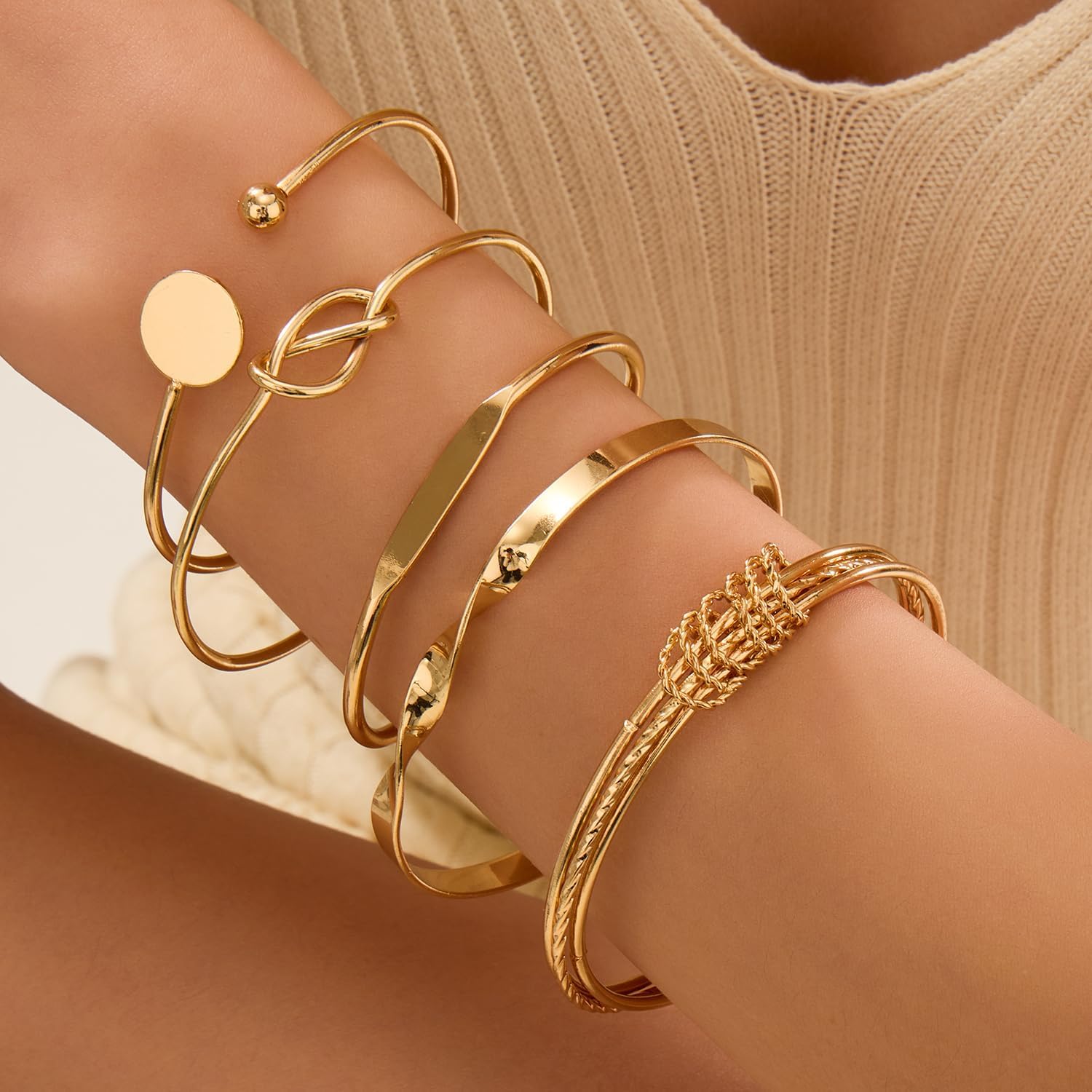 Gold Bracelets Set for Women, Stackable Boho Multi-layered Bracelets, Gold Bangle Bracelet, Multi Layer Stackable Cuff Bracelet Set, Trendy Elegance Charms Non Tarnish Minimalist Textured Boho Jewelry