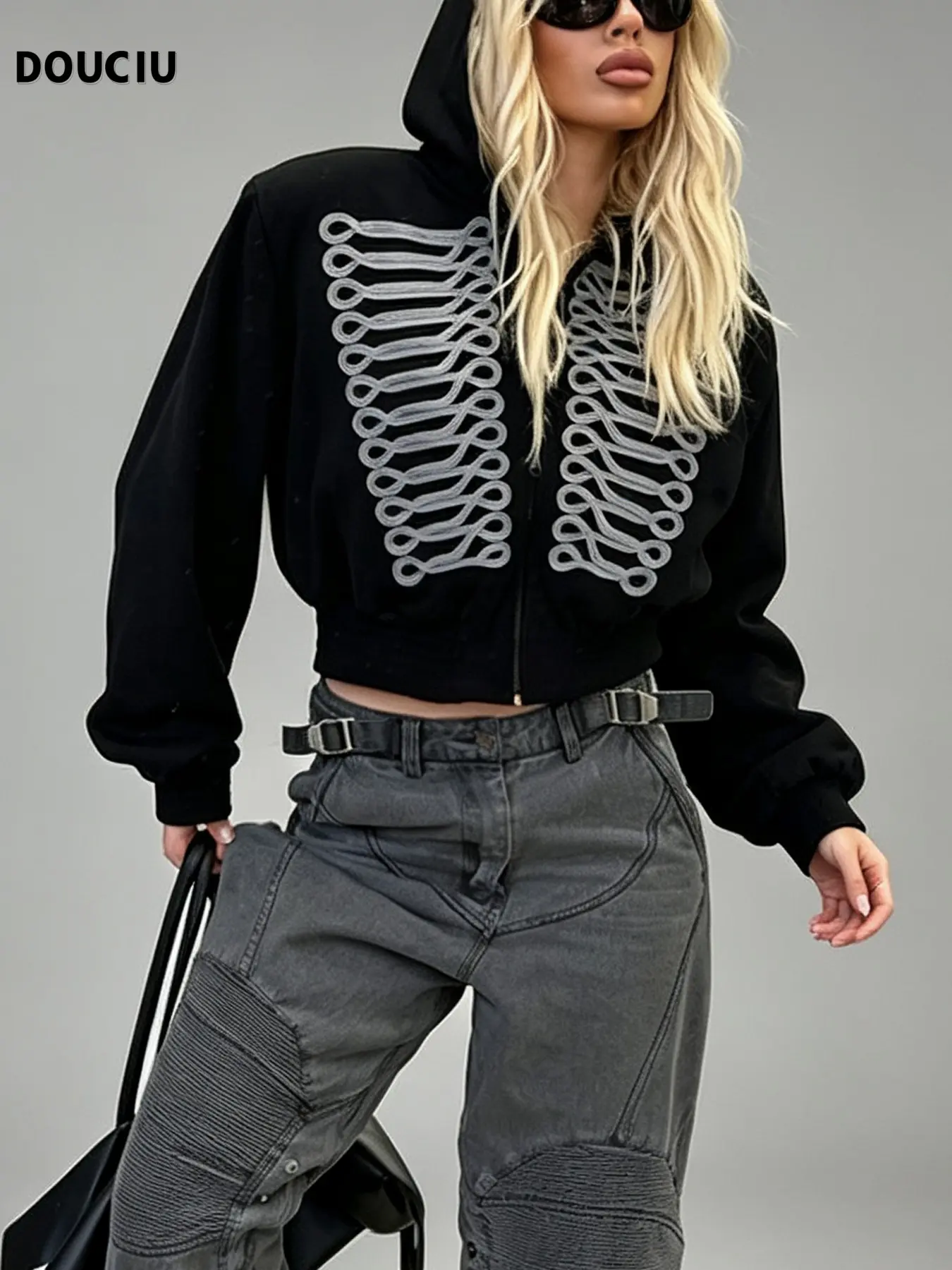 DOUCIU Y2K Grunge Skeleton Rib Crop Zip Hoodie, Alt Punk Dark Streetwear Women Hooded Jacket, Oversized Long Sleeve Cropped Hoodie for Trendy Girls