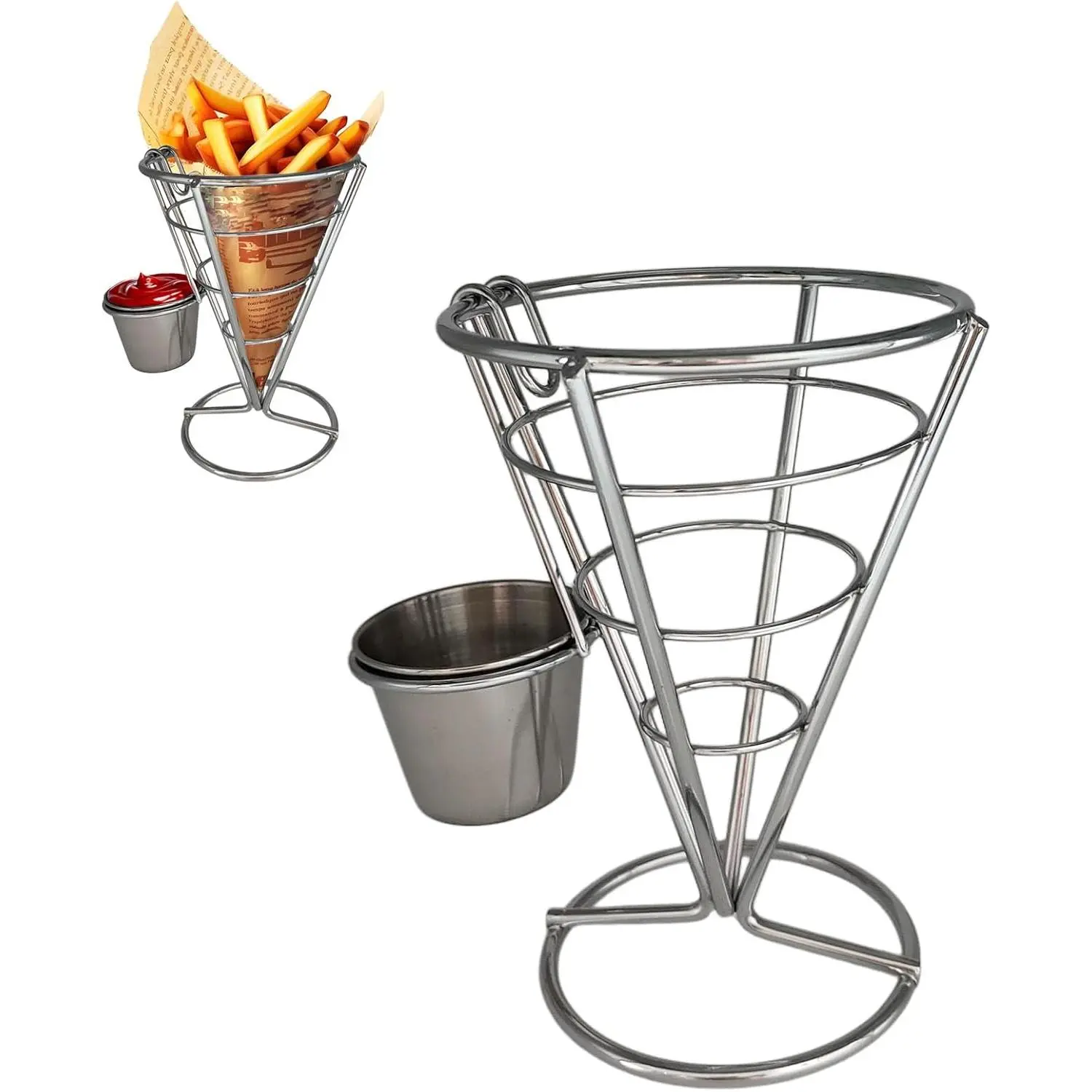 Stainless Steel Fry Rack - Sturdy Modern Detachable Snack Holder with 80ml Dipping Cup Set, Conical Ice Cream Cone Basket for Restaurant Kitchen (Home & Festive Party Supplies)