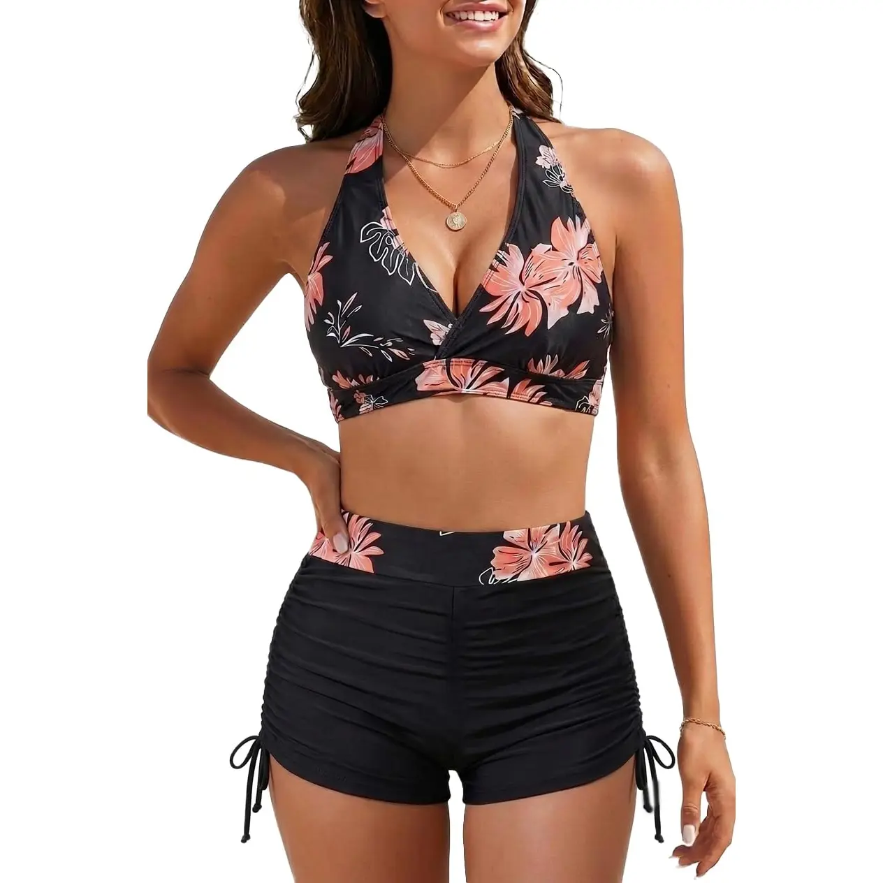 Yonique Women Bikini Set with Swim Shorts Two Piece Swimsuit with Boyshorts Halter High Waisted Bathing Suit