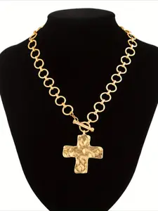 Trendy Hammered Bold Cross Necklace Thick Chain Set for Women Men Chunky Golden Silvery Statement Pendant Necklace Vintage Chain Pendant Jewelry