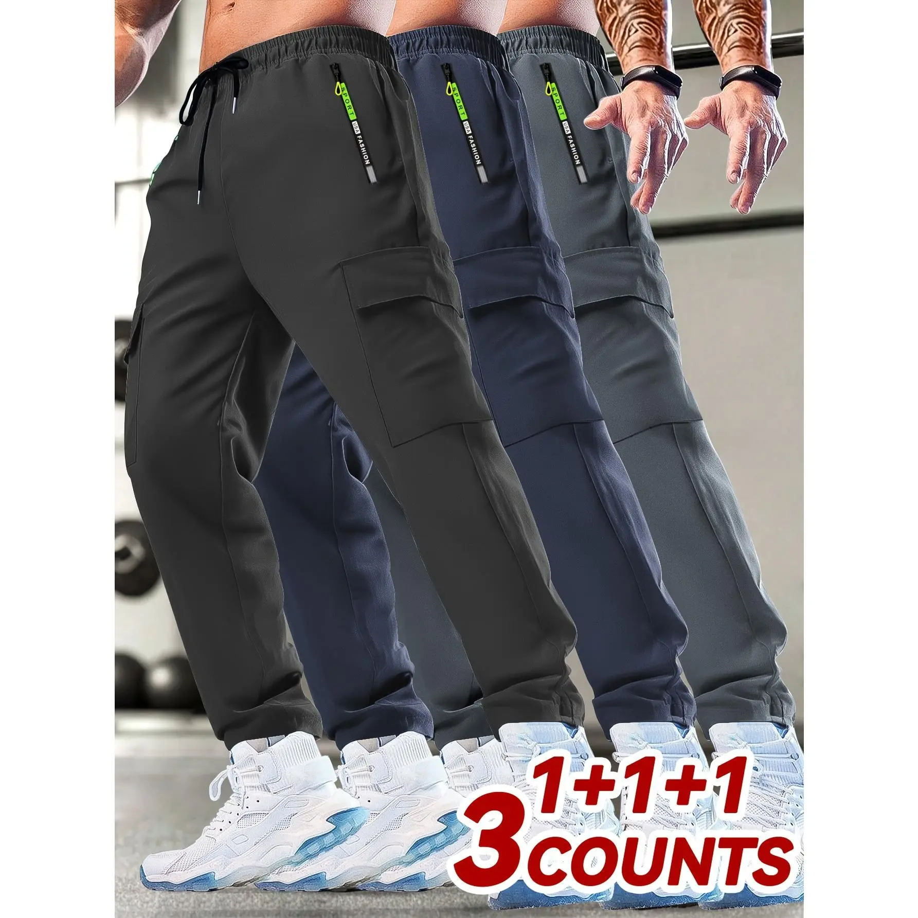 Men's Plus Size Cargo Training Pants, 3-Pack Lightweight Polyester Pants with Drawstring Waist, Printed Zip & Utility Pockets for Outdoor Running, Machine Wash, Mens Clothing, Men's Pants