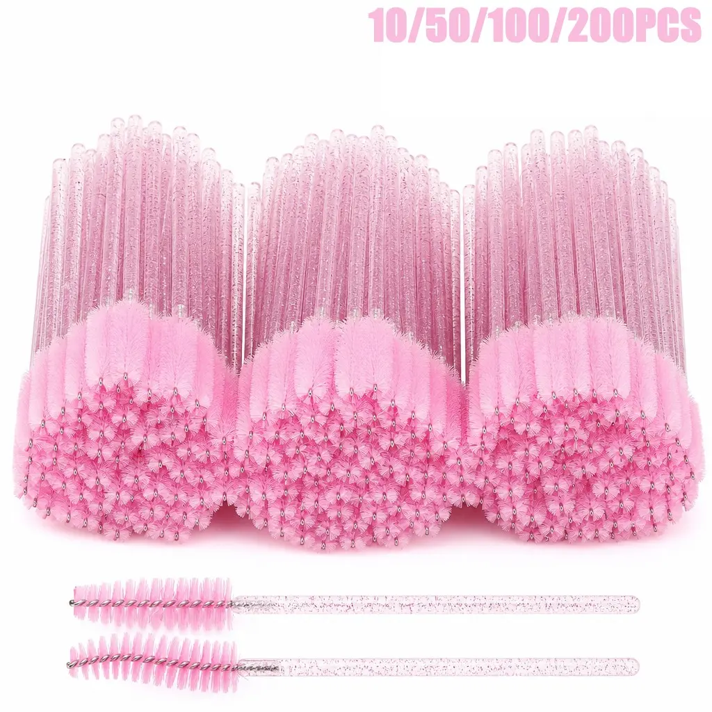 200/100/50/10PCS Eyelash Brushes, Mascara Wands With Container, Bendable Disposable Eyebrow Spoolies, Lash Brush For Lash Extensions, Eyebrow Spoolie, Castor Oil Brushes, Eyelash Tools, Home Beauty Tool, Makeup Accessories (Crystal Pink)
