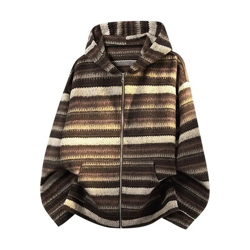 Men's American Vintage Striped Color Block Polyester Zip-Up Hooded Knit Cardigan Tops - Full-Length Zipper, Pockets, Longsleeves, Fashion Streetwear Vintage Clothing, Casual for Daily Wear, Outdoors