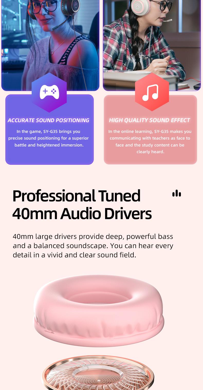 G35 High-Value RGB Gaming Headset with Cute Cat Ear Design, Wired Over-Ear Headphones for PC & Console Games, Multi-Scene Use, PC Gaming Accessories