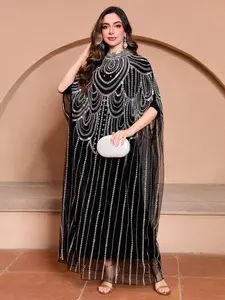 Women's Ramadan & Eid Heavy Beaded Pullover Abaya Dress - Elegant Moroccan Kaftan with Cape Overlay for Evening Party, Wedding Guest, and Modest Fashion CXD25