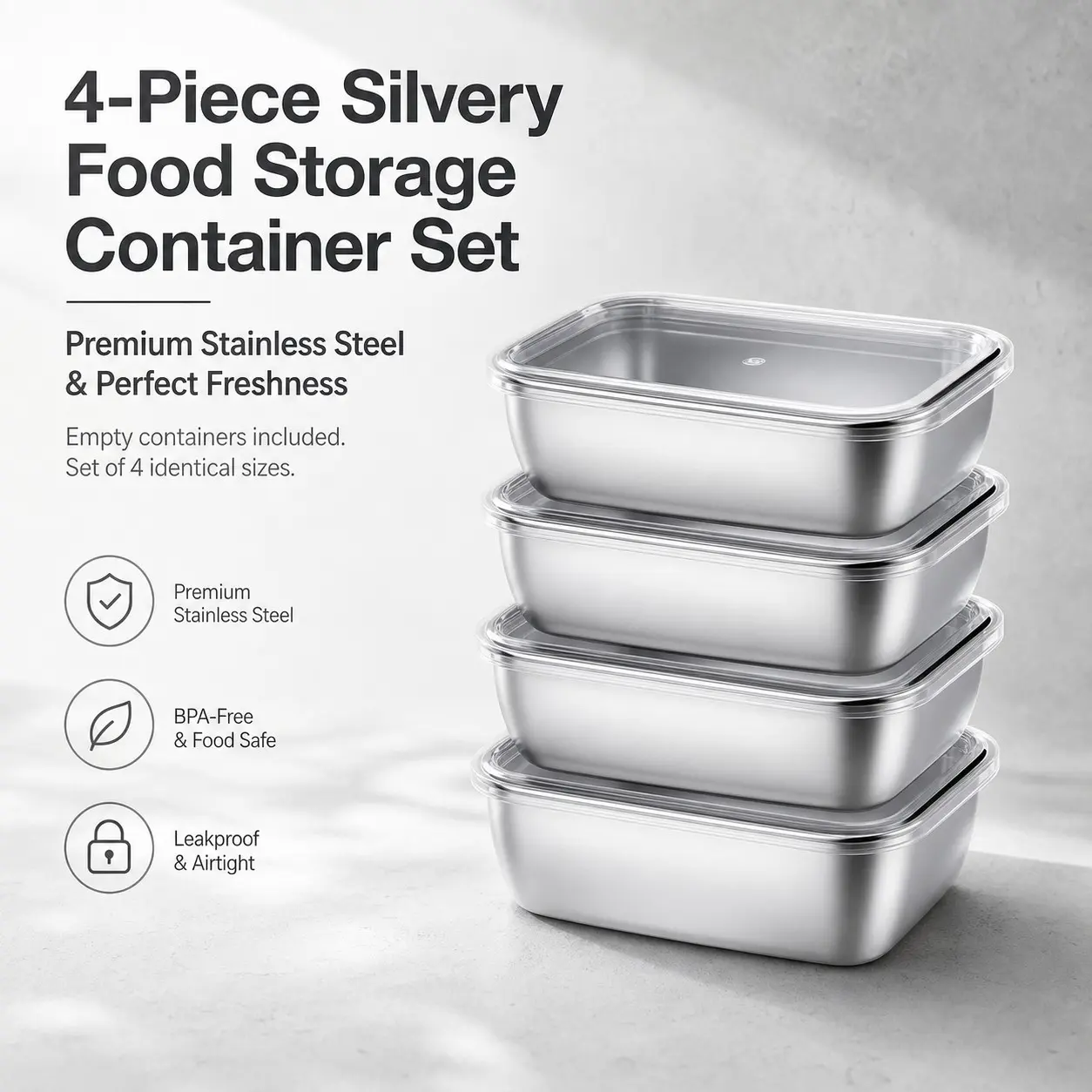 4 Piece Stainless Steel Food Storage Set, Leak-Proof Transparent Lids, BPA-Free Reusable Metal Containers, Pantry Container Set, Ideal for Fridge & Kitchen