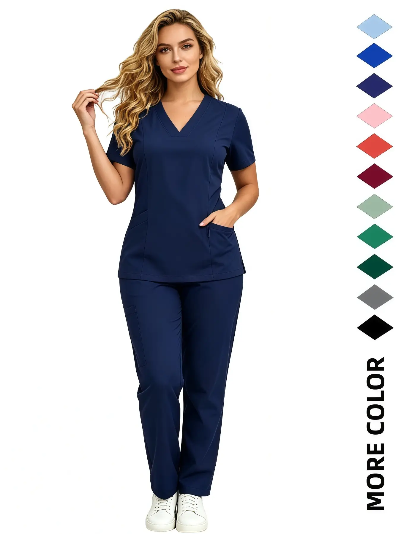 Spa Workwear Medical Scrubs, Vneck Top, Pants, Loose Women Stretch Fabric Hospital Nursing Two Piece Nurse Scrub Sets Uniform Multilcolors Hospital Scrub Uniform Women Beauty Work Clothes Nurse Dental Surgery Suit