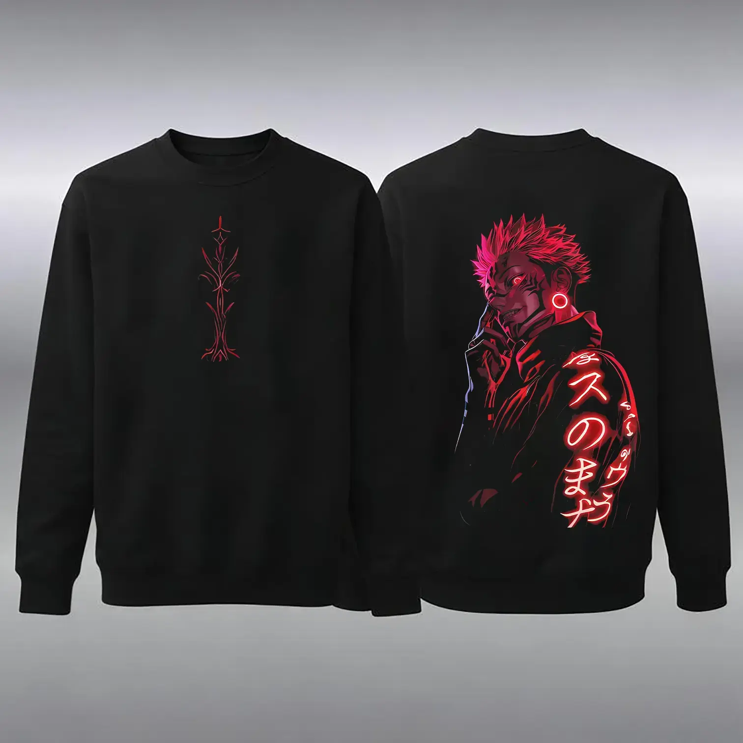 Men's Ryomen Sukuna Jujutsu Kaisen Oversized Thick Heavy Cotton Neon Red Graphic Sweatshirt - Streetwear Menswear Top, Double-Sided Big Bold Prints, Anime Collector Essential