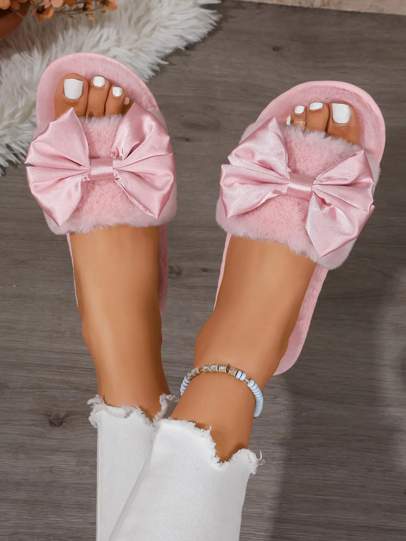 2026 Velvet Bow Fuzzy Wide Sole Sandals, Soft Elastic Flat Heel, Multi-Color Options, Sweet Girl Style, Fall Winter Women's Shoes
