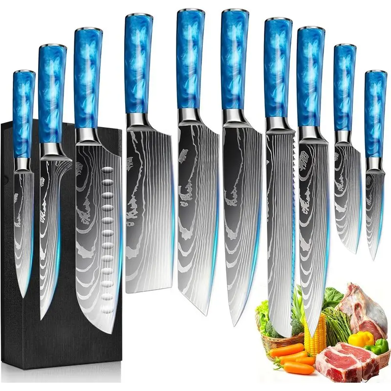 10-Piece Premium Japanese Style Kitchen Knife Set, Santoku and Nakiri Chef Knives, Laser Damascus Pattern, 440A Stainless Steel Ultra Sharp Cutting Knives (Blue)