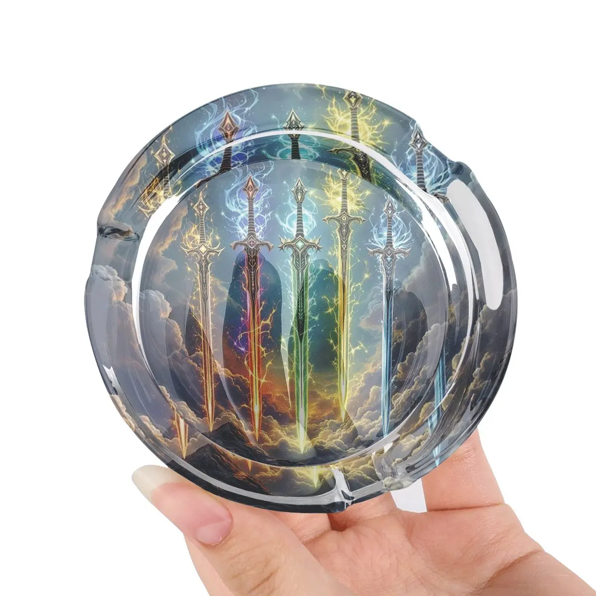 1 round glass ashtray with anti slip bottom pad, adorned with a fantasy themed lightsaber pattern, suitable for homes, offices, and game rooms - a stylish and practical ashtray designed specifically for fantasy enthusiasts