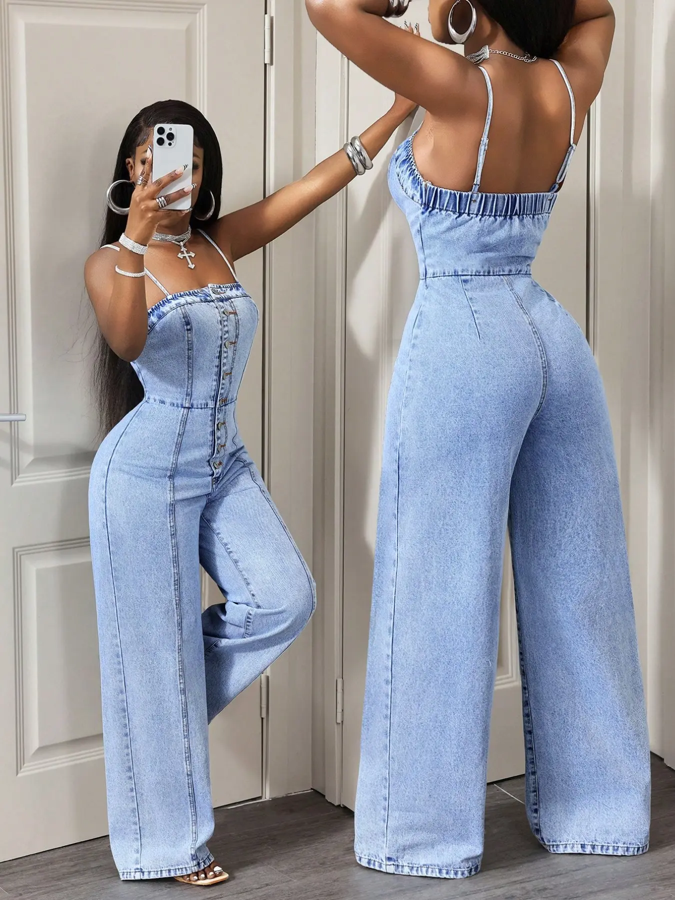 Women's Casual Denim Halter Backless Wide Leg Pants, Spring & Fall Fashion, Slim-Fitting Solid Pattern, Daily Wear
