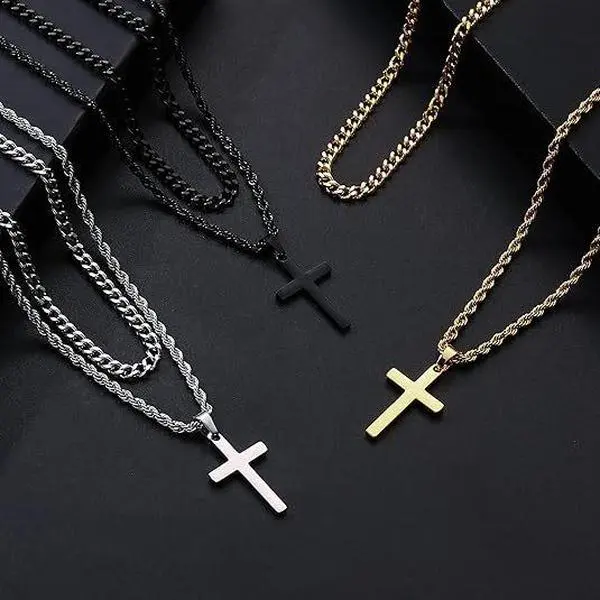Unisex 304L Stainless Steel Cross Pendant Necklace Set, 4Pcs Stackable Cuban Twist Chain Fashion Layered Necklaces, Silver Gold Black Chunky Chain Party, Proms, Music Festivals, And Holiday Wear Accessories