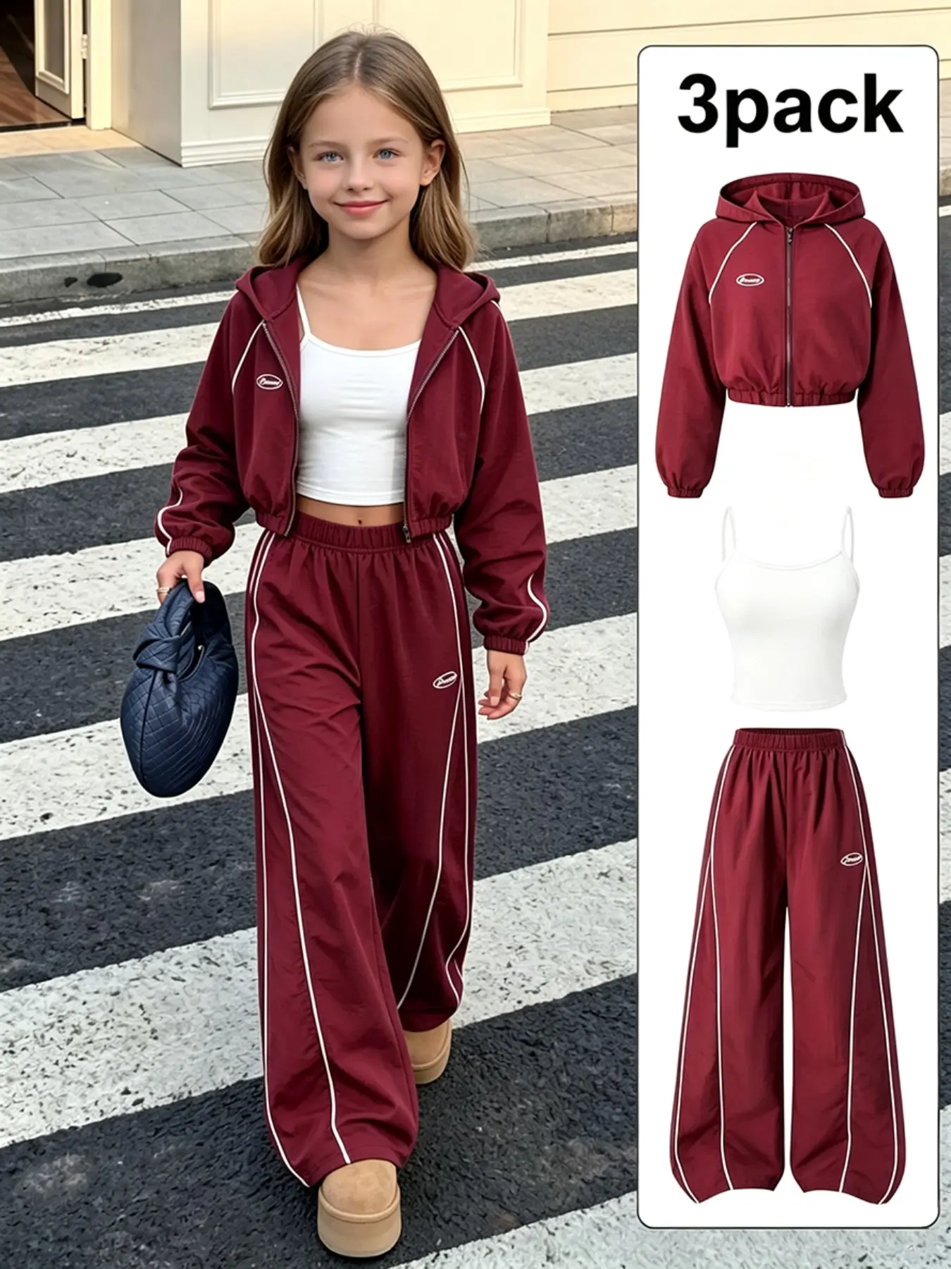 Girls' Autumn Winter Wine Hooded Jacket Set, Casual Loose-Fit 3-Piece, Breathable Street Style Kids Clothing