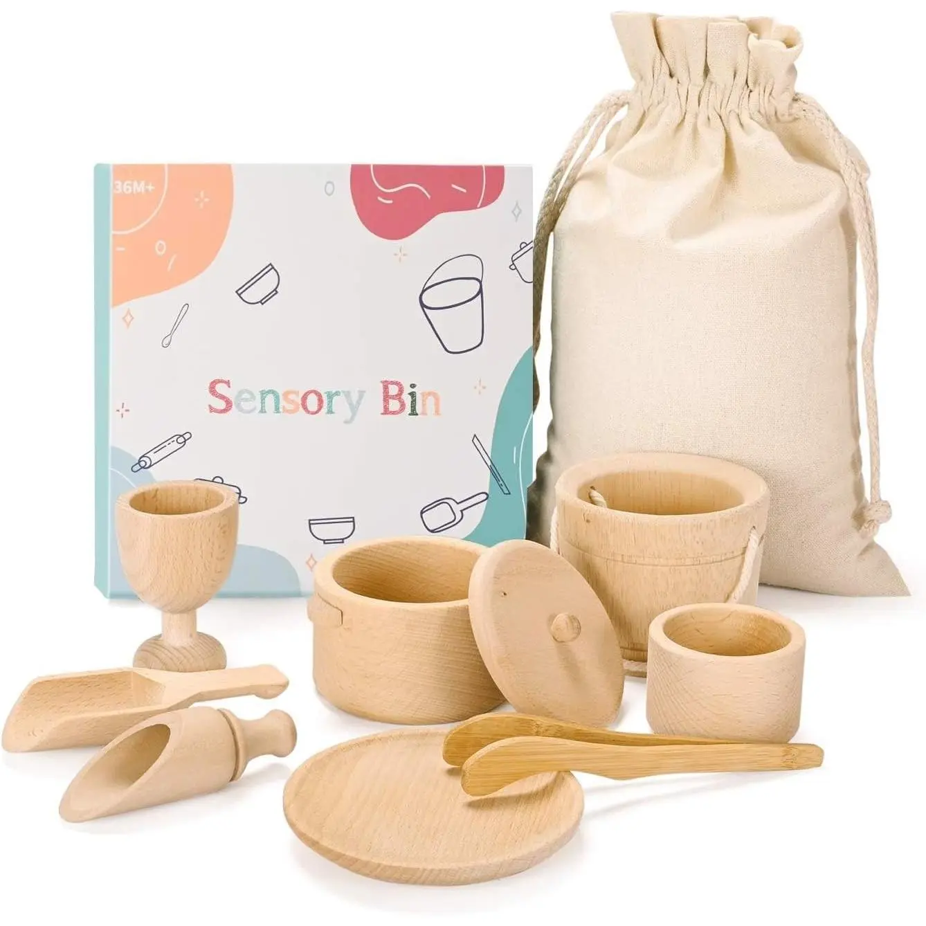 Montessori Toys Sensory Bin Toys for Toddlers Set of 9 | Wooden Waldorf Toys Wooden Scoops and Tongs for Transfer Work and Fine Motor Skills Development