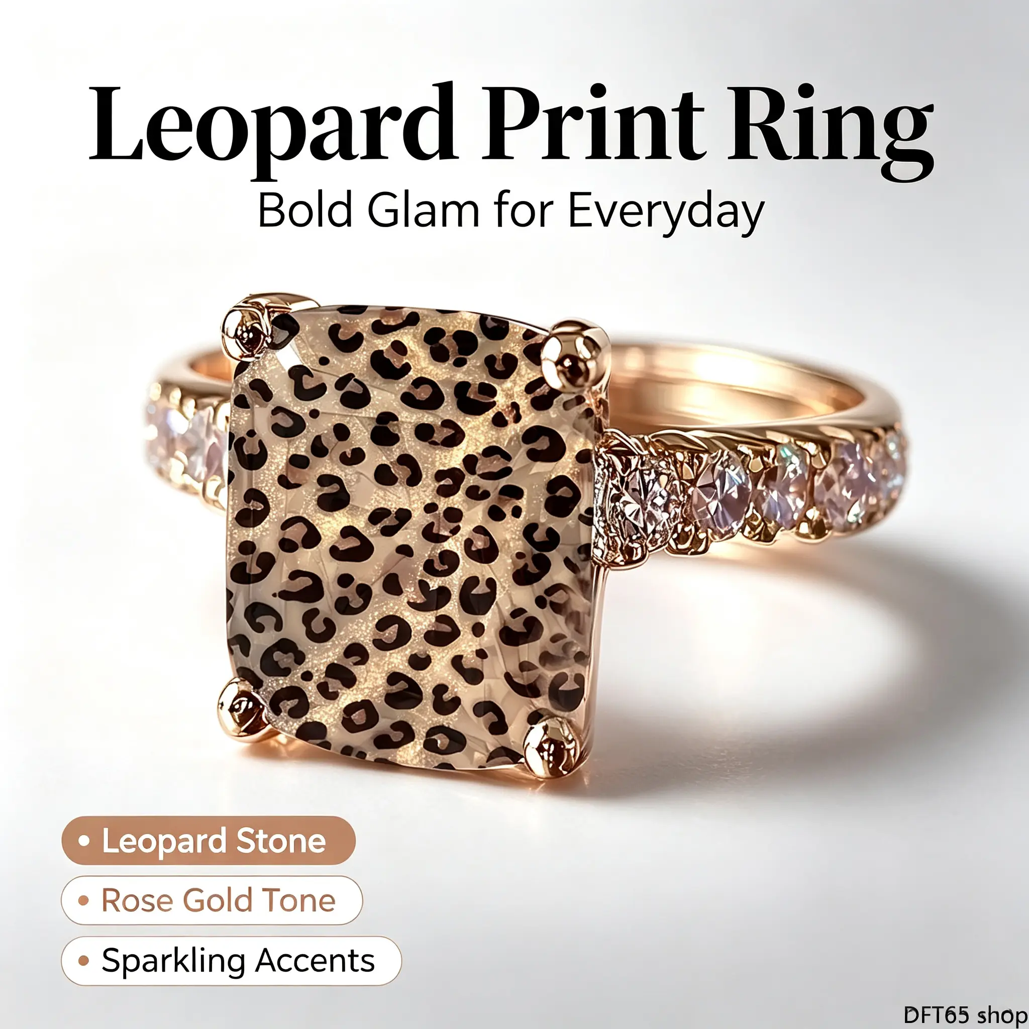 Leopard‑Print Square Statement Fashion Ring, Animal‑Themed Bold‑Pattern Ornament With Side Embellishment, For Women Daily Wear Party And Casual Matching Outfits