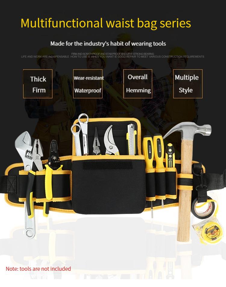 Electrician’s Waist Tool Bag – Small Portable Canvas Pouch with Belt Heavy Duty Multi-Function Waterproof Storage for Repair Work Large Yellow and Black Tool Organizer mower bag Heavy Duty Rolling Tool Cart with Pegboard work accessories manny tool box