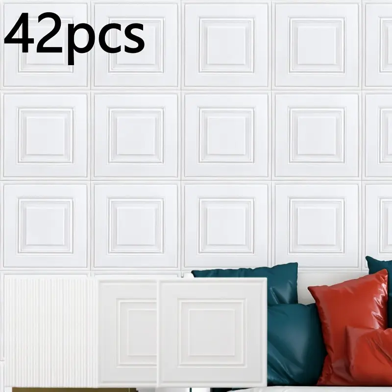 42pcs Self-Adhesive Wallpaper, Ceiling Decor Stickers, Thick Waterproof Foam Wall Decals, Square Pattern, Bedroom Living Room Wallpaper