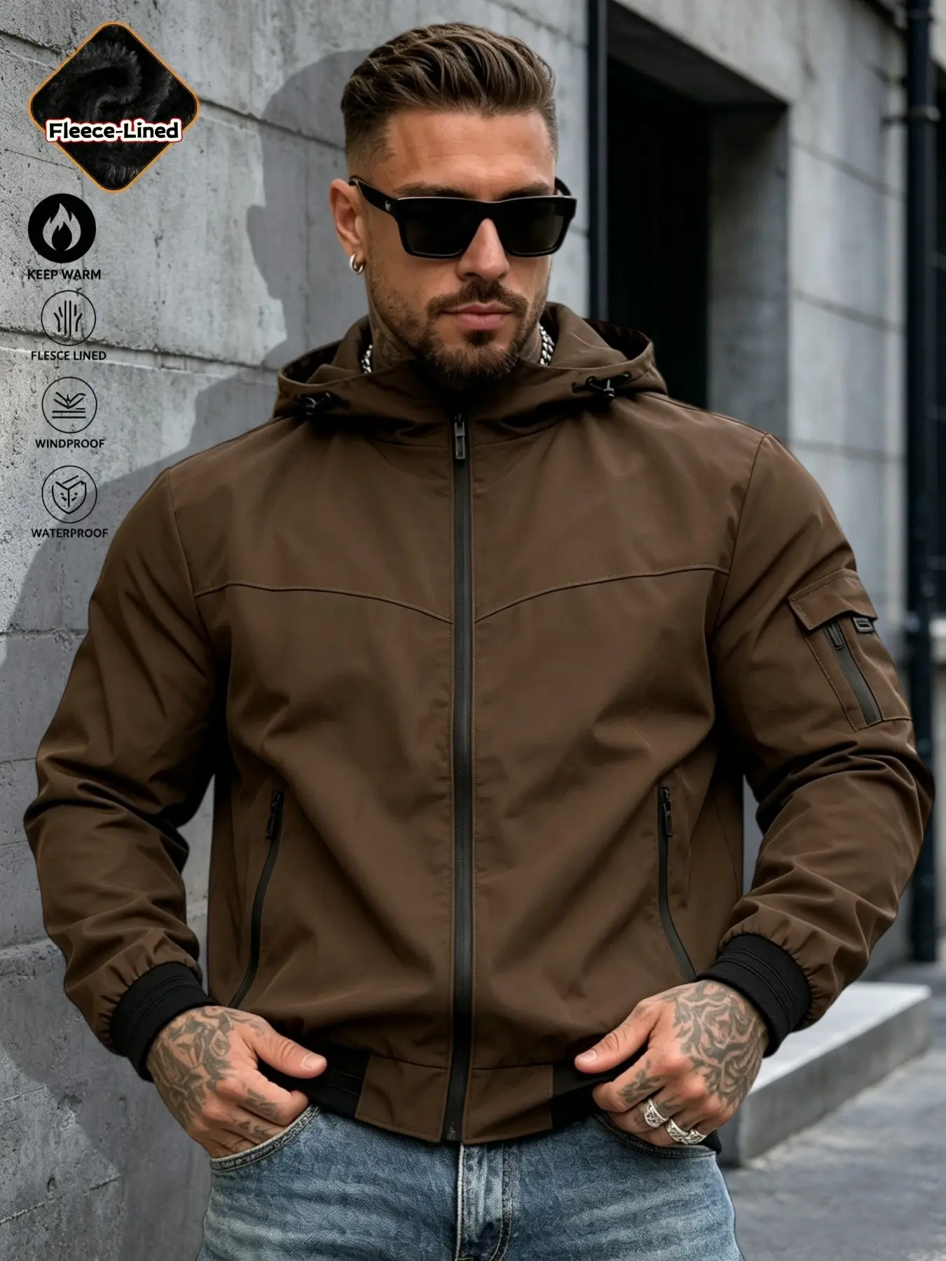 Men's Fleece Lined Thick Drawstring Hooded Jacket, Loose Full Zip Multi-Pocket Ribbed Hem, Windproof Wrinkle-Resistant Soft Fabric