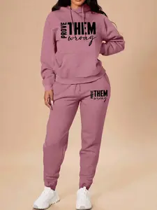 2 Pieces Womrn Sets Spring Fall Fashion Casual Home Outdoor Fitness Letter Print Women Long Sleeve Hooded Sweatshirt with Pockets + Pants Set Tracksuit