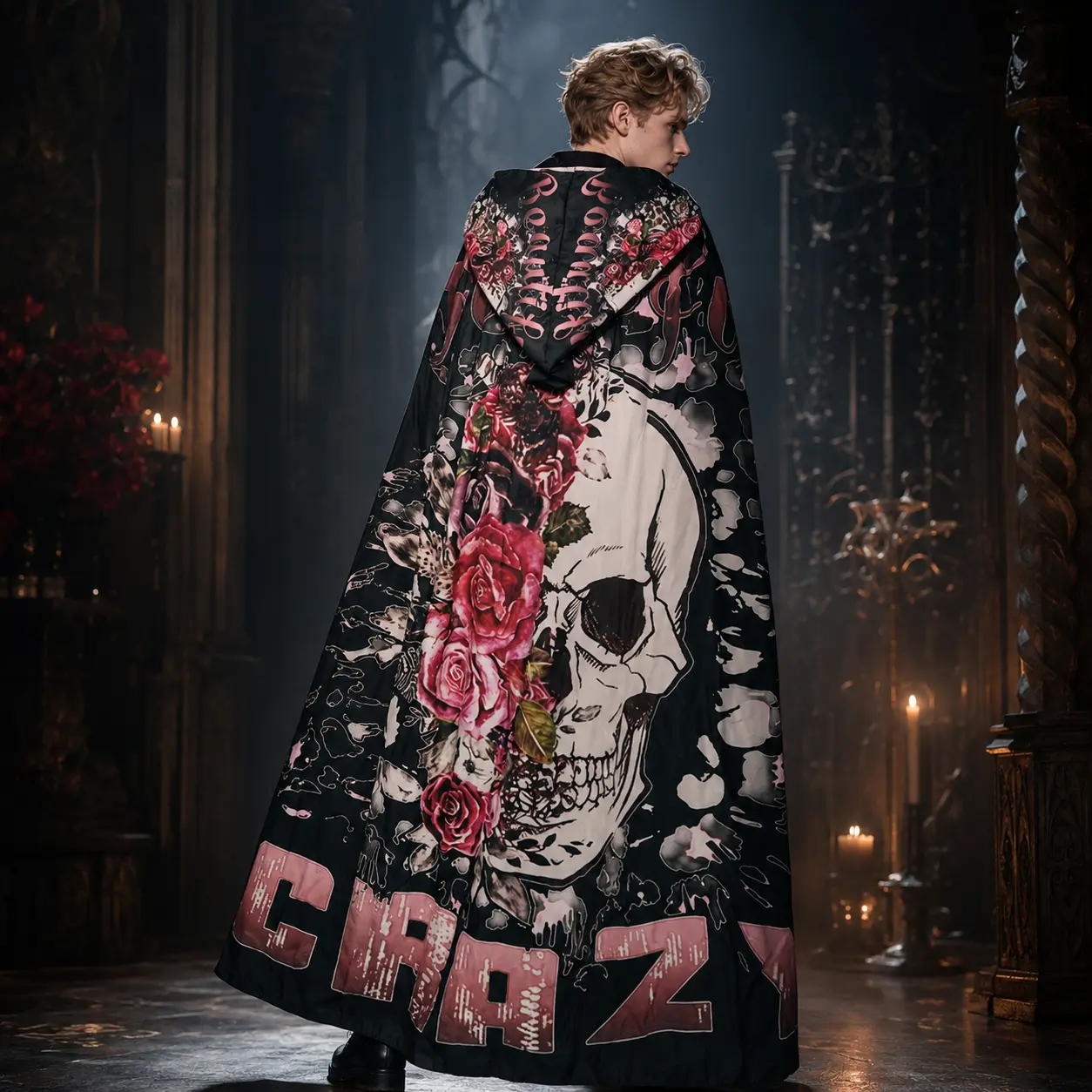 Gothic Skull Rose Cloak Costume for Adults, Halloween Hooded Cape with Skeleton Print and Floral Graphic Design, Dark Aesthetic Vampire Reaper Robe, Horror Cosplay Outfit, Spooky Party Costume, Witch Festival Dress Up, Unisex Halloween Costume for Men Wom