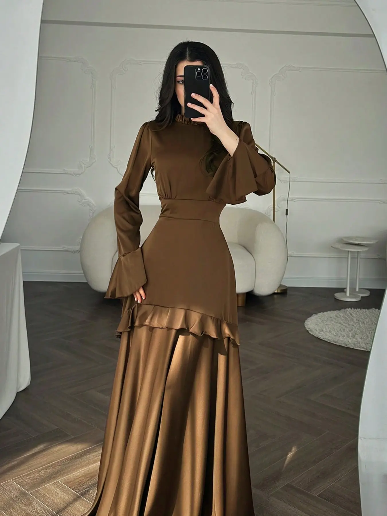 Women's Chiffon Waist Cinched Bell Sleeve Long Dress, Bohemian Elegant Evening Gown, Perfect for Special Occasions, Comfortable & Stylish Design