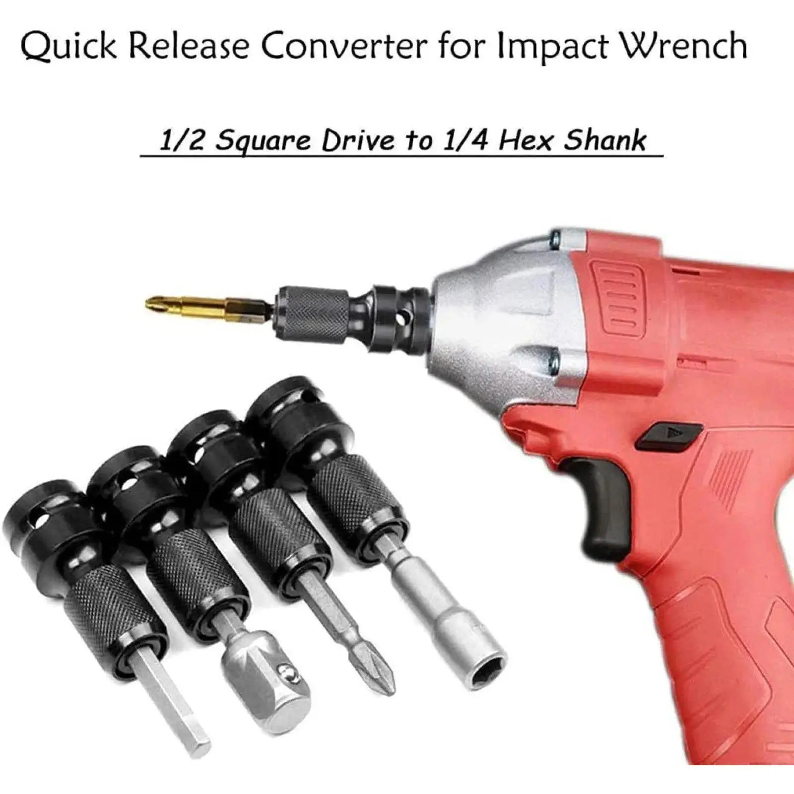 Single-Piece Square-to-Hex Socket Adapter, 1/2 in Square Drive to 1/4 in Hex Female Quick Release Converter, One-Hand Swap Firm Grip Tool for Impact Wrenches & Drills