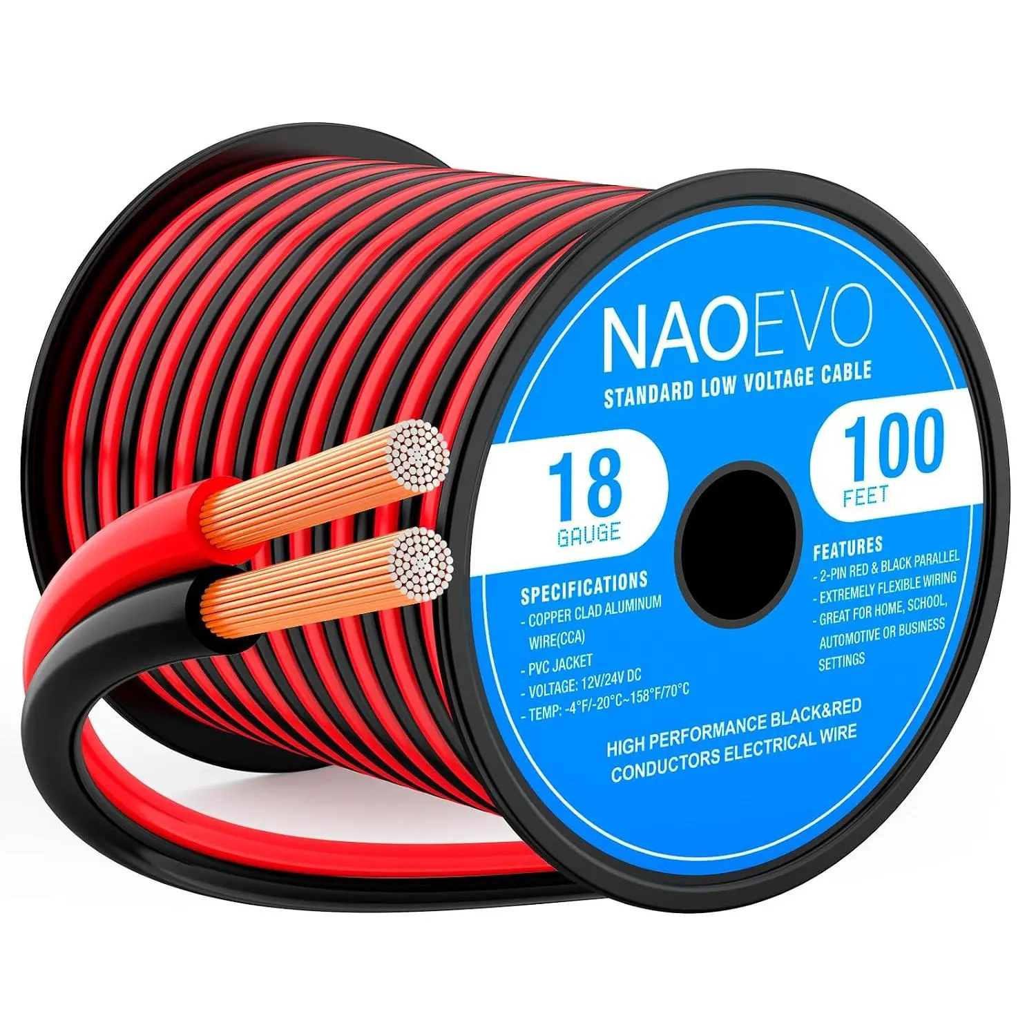 18 Gauge Wire 2 Conductors, CCA Red Black Electrical Wire, 100FT| Flexible, High Conductivity & Wear-Resistant 18 AWG Wire with PVC insulation for Automotive, Speaker, LED, Marine, 12V/24V DC
