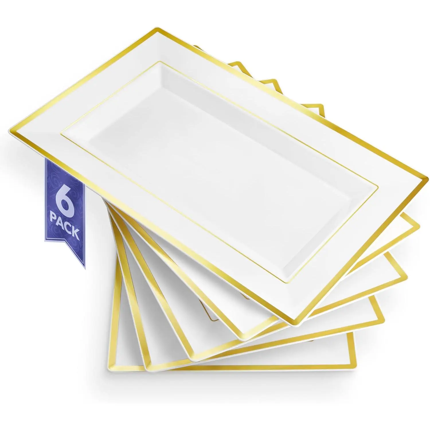 6 Pack White Plastic Serving Platters, Rectangular Disposable Trays with Gold Rim for Holiday Parties, Appetizers, Fruit, and Desserts