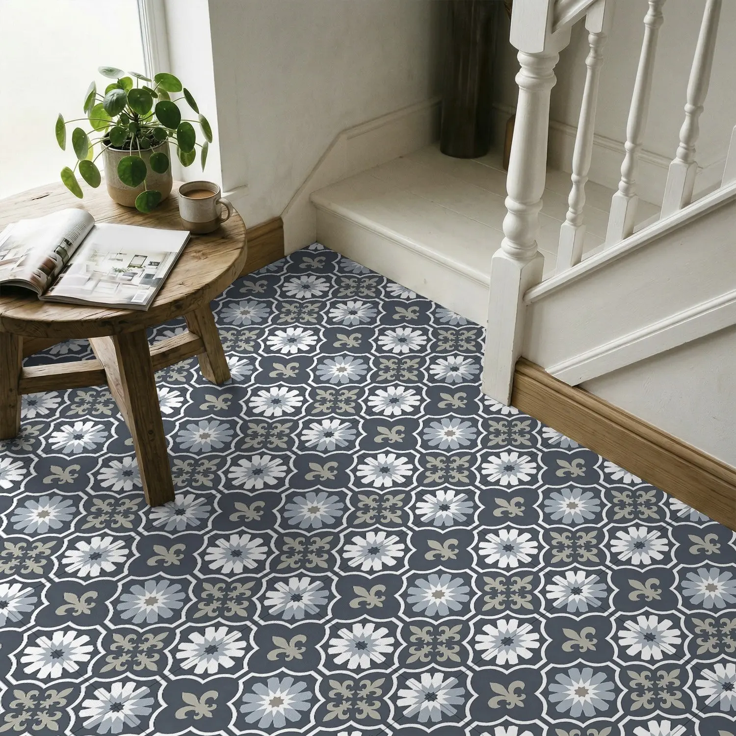 French Fleur-De-Lis Moroccan Vintage Cement Tile Floor Sticker, Self-Adhesive Waterproof Non-Slip Floor Decal for Kitchen Bathroom Bedroom