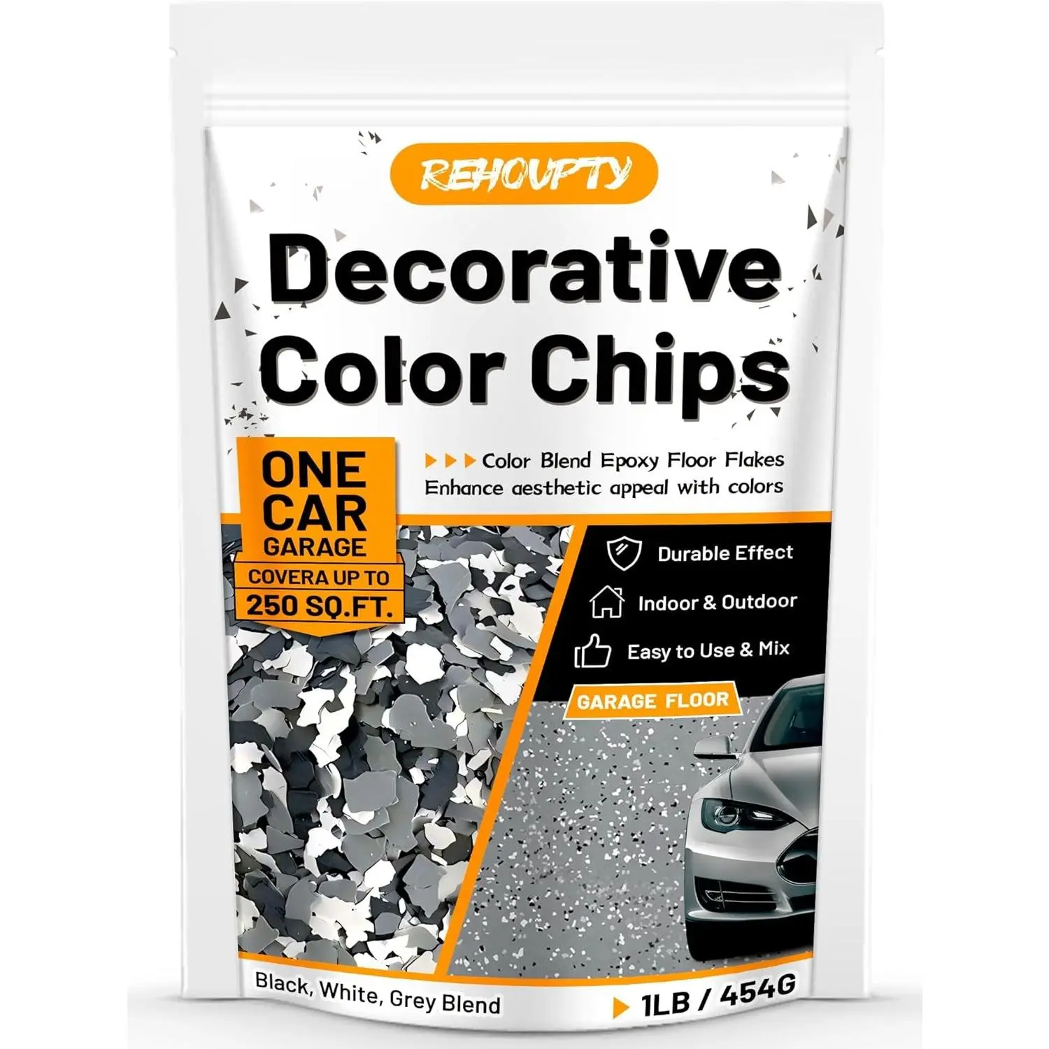 1lb Decorative 3-5MM Epoxy Floor Flakes Paint Chips for Garage Floors, Interior-Exterior Walls & House Stone Carpet Painting (Black, White, Gray)