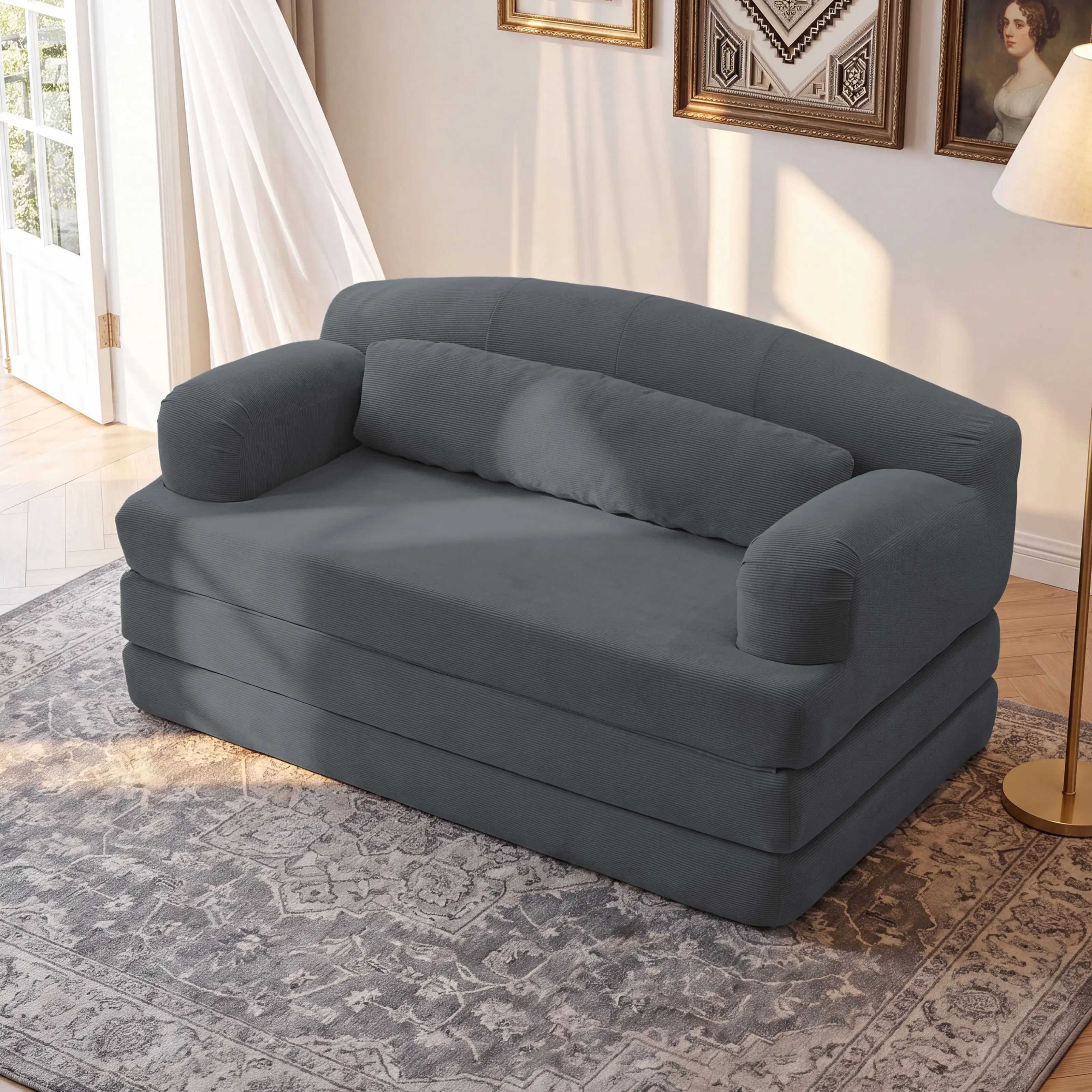 ARCH 2-Seat Corduroy Sofa Bed - Modular Floor Couch, Compact-Size Foldable Sleeper with High-Density Foam, Removable Cover, Easy-to-Clean Modern Indoor Furniture for Small Apartments, Dark Gray, Compactsize, Highdensityfoam