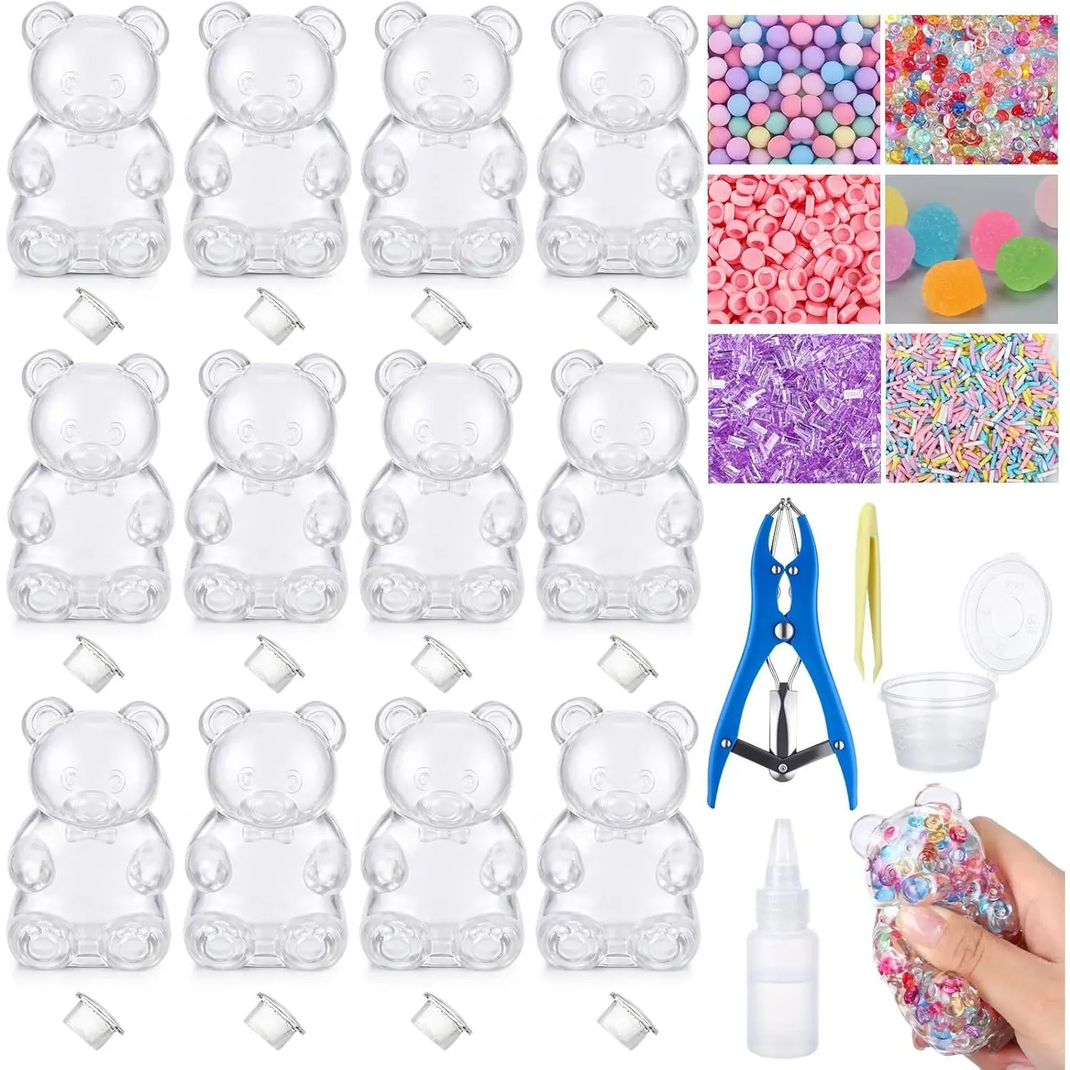 12 Set DIY Stress Ball Making Kit Empty Stress Ball DIY Kit with Blank Skins Fill Beads Expander Tool Cap Glue for Make Pressure Balls(Bear)