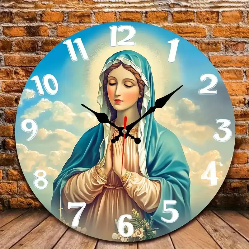 1 Catholic prayer wall clock Decorative clock| Acrylic religious decoration, featuring large white Arabic numerals, iconic robes and rosary design, 2D flat, suitable for churches, does not include AA batteries